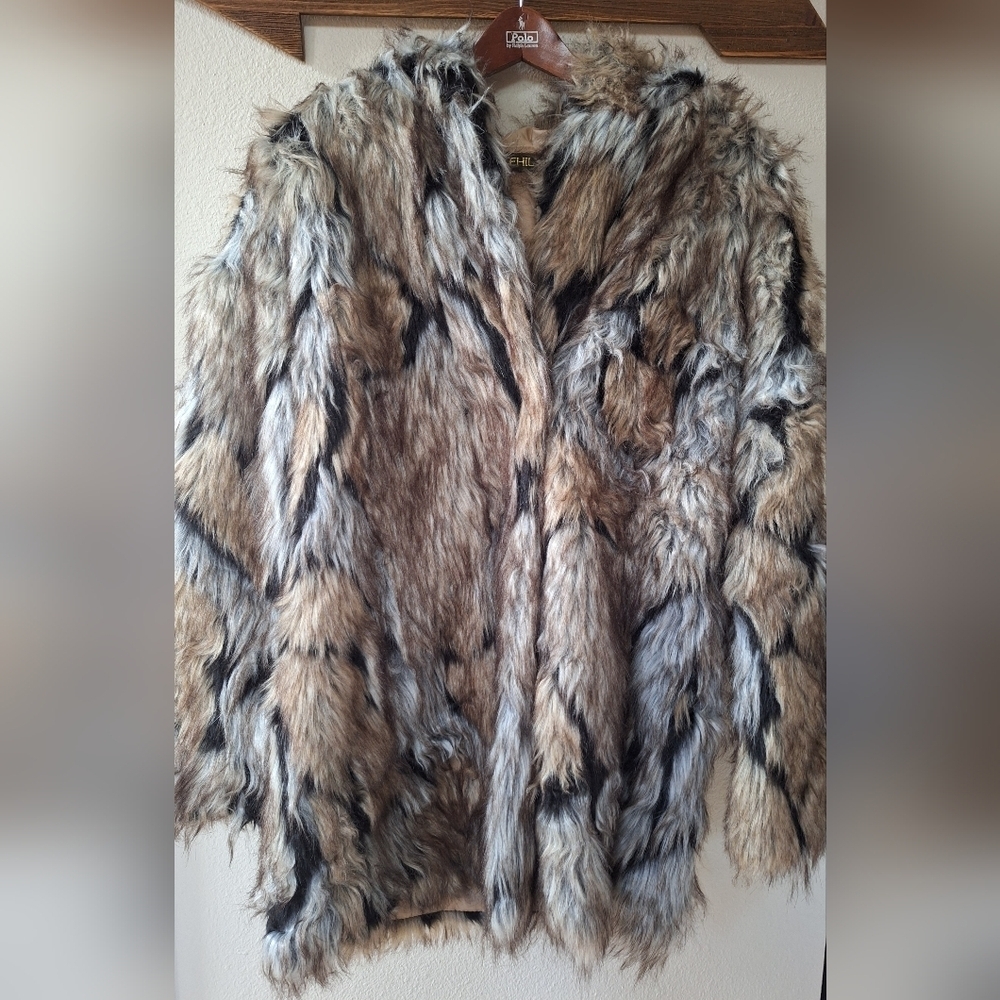 Fhillinuo Multicolored Shaggy Faux Fur Coat Hooded Clasp Closure Womens Size S